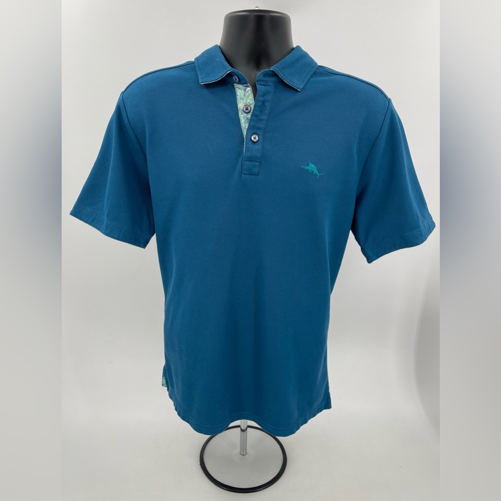Tommy Bahama Polo Teal Blue Green Island Zone Short Sleeve Floral‎ Cuffs Men’s M